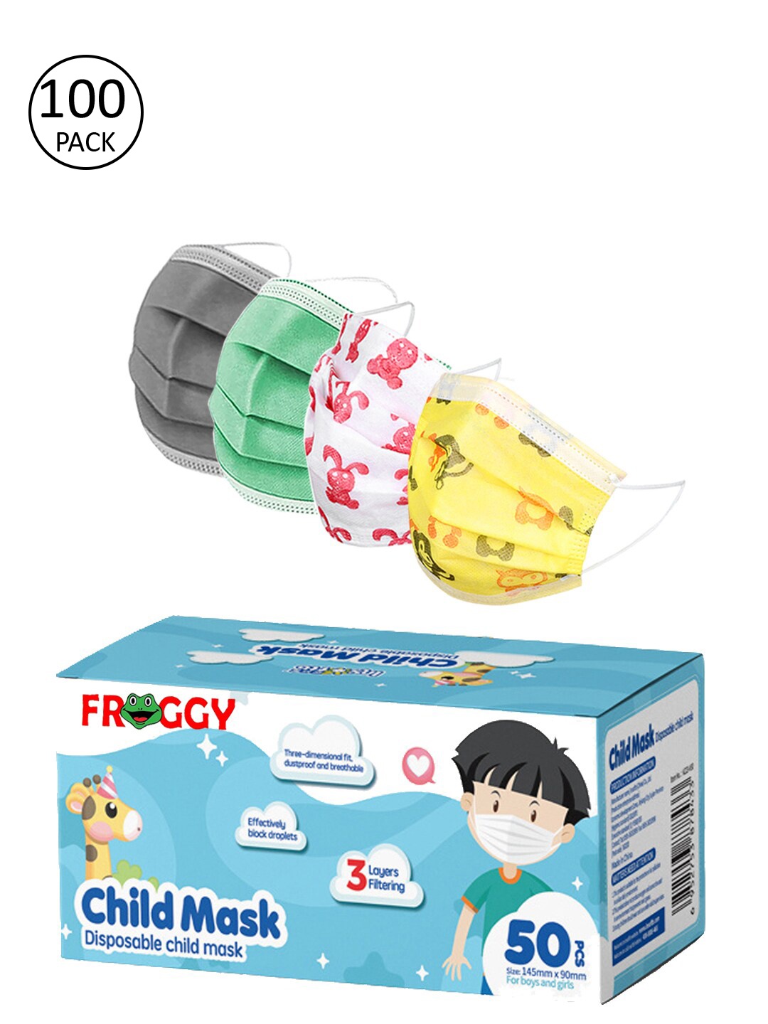 

FROGGY Kids Pack Of 100 Assorted 3-Ply Anti-Pollution Mask