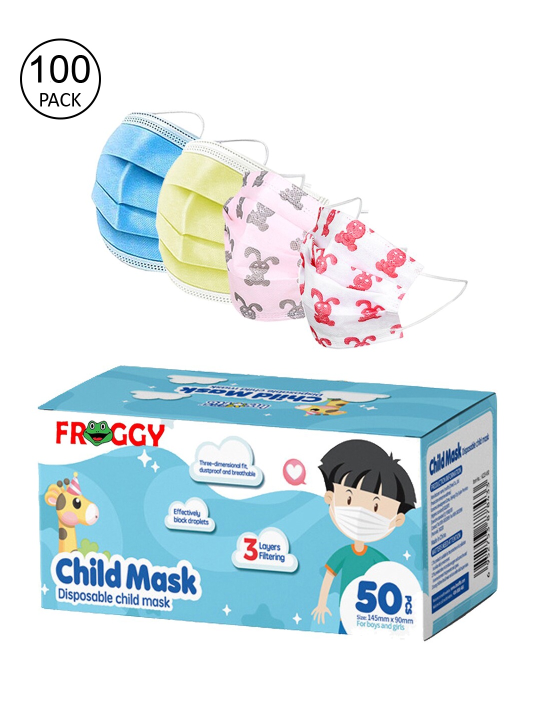 

FROGGY Pack Of 100 Assorted 3 Ply Anti-Pollution Mask With Nose-Pin