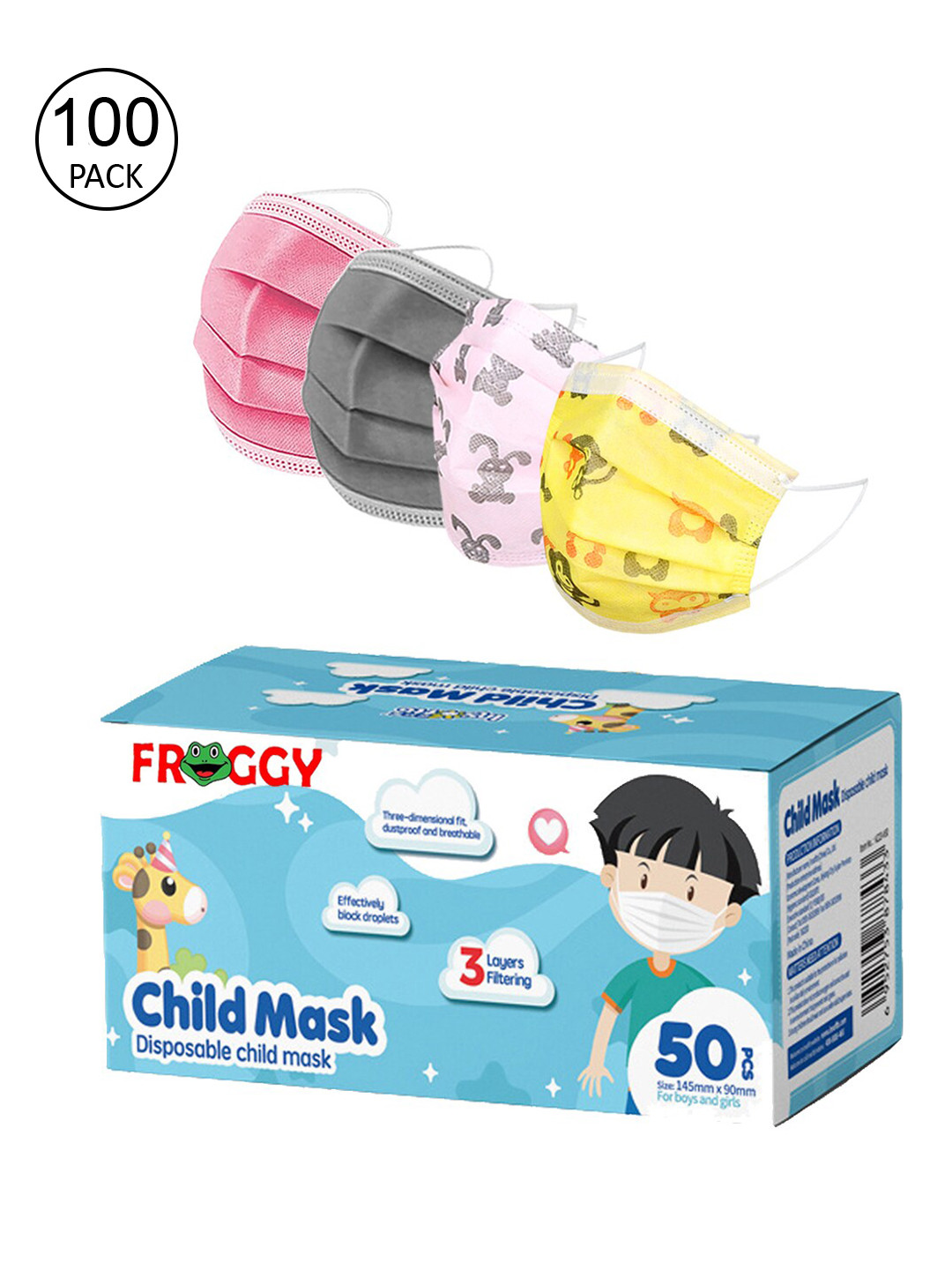 

FROGGY Unisex Pack Of 100 Assorted 3ply Anti-Pollution Mask With Nose-Pin, Multi