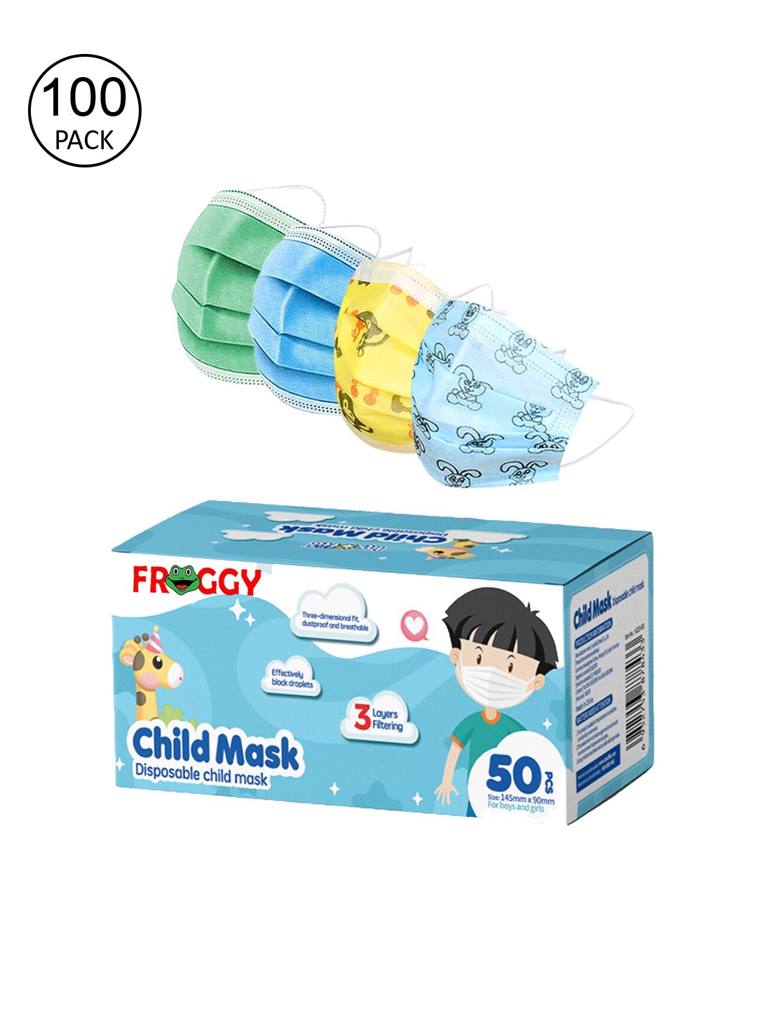 

FROGGY Kids Pack Of 100 3Ply Anti-Pollution Outdoor Face Mask, Green