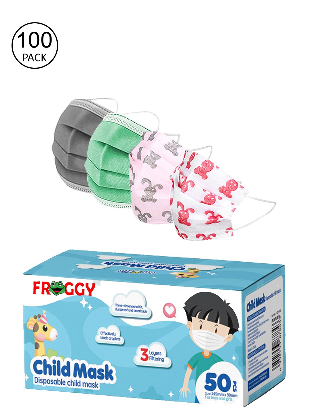 

FROGGY Unisex Kids Pack Of 100 Assorted 3ply Anti-Pollution Mask