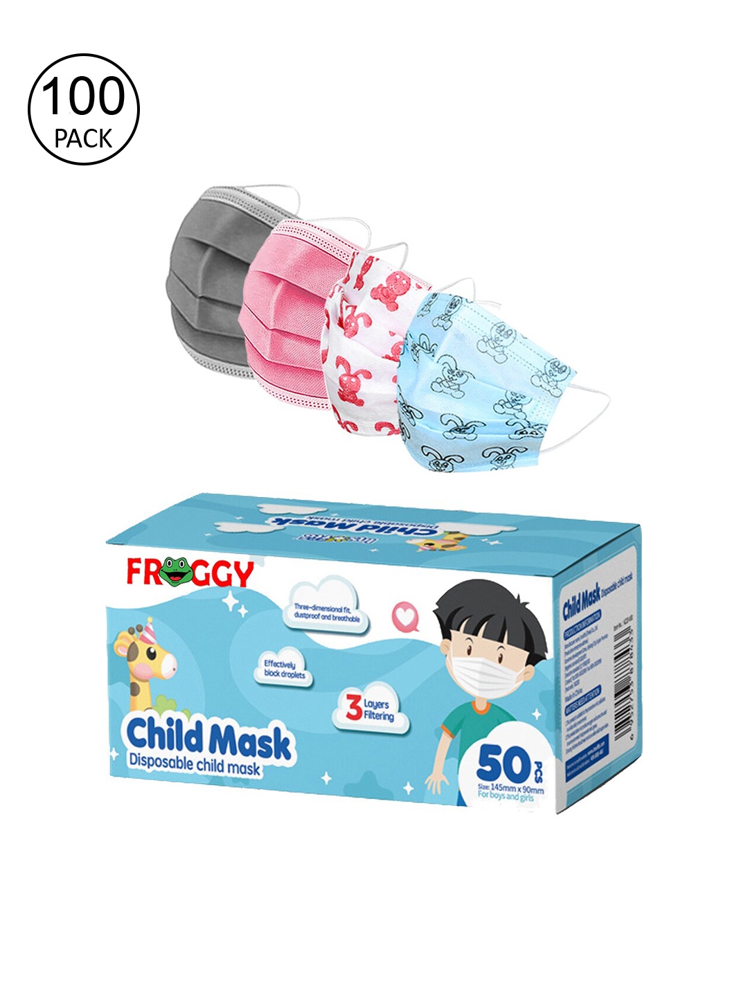 FROGGY Kids Pack Of 100 3ply Anti-Pollution Mask With Nose-Pin, Assorted