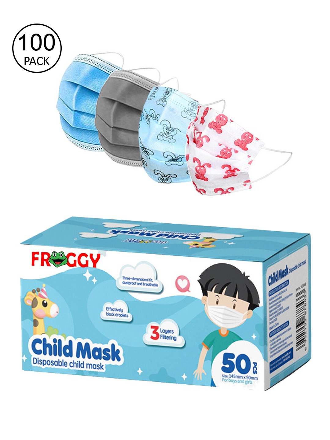 

FROGGY Kids Set Of 100 Anti-Pollution Disposable Masks, Blue