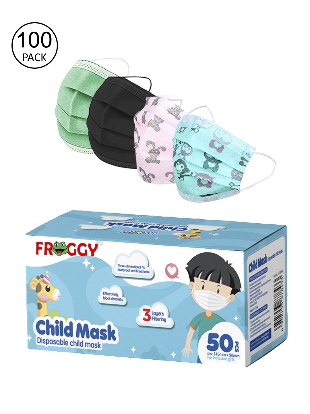 

FROGGY Kids Pack Of 100 Assorted 3-Ply Anti-Pollution Surgical Mask With Nose-Pin