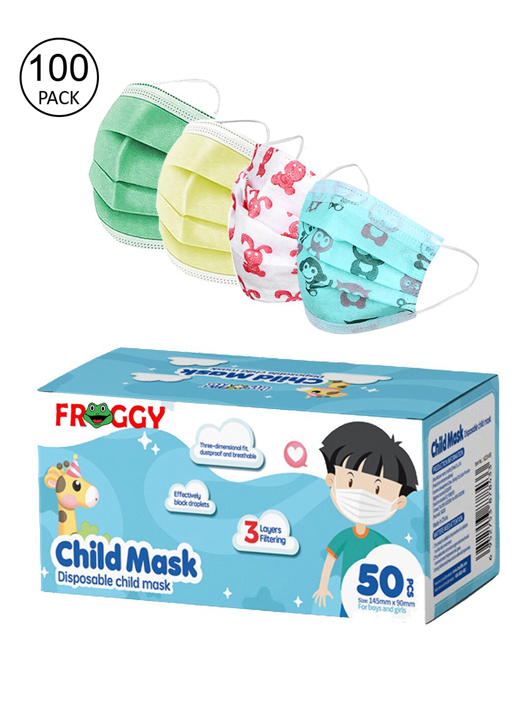 

FROGGY Kids Pack Of 100 Assorted 3-Ply Anti-Pollution Mask