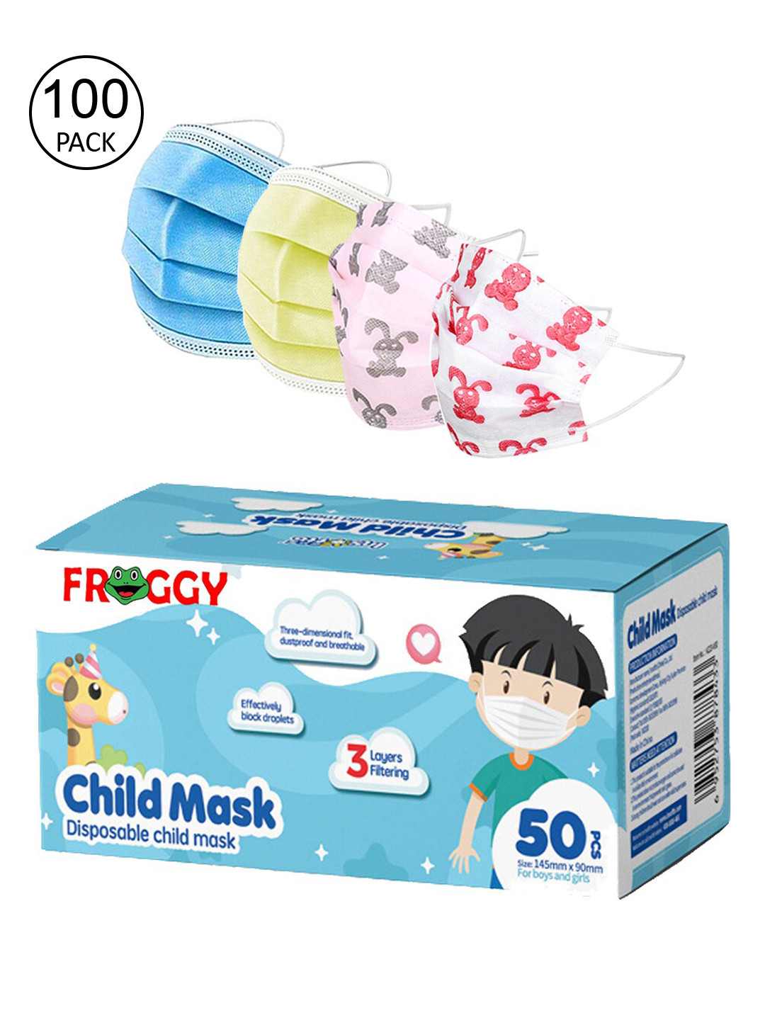

FROGGY Pack Of 100 Assorted 3 Ply Anti-Pollution Mask With Nose-Pin