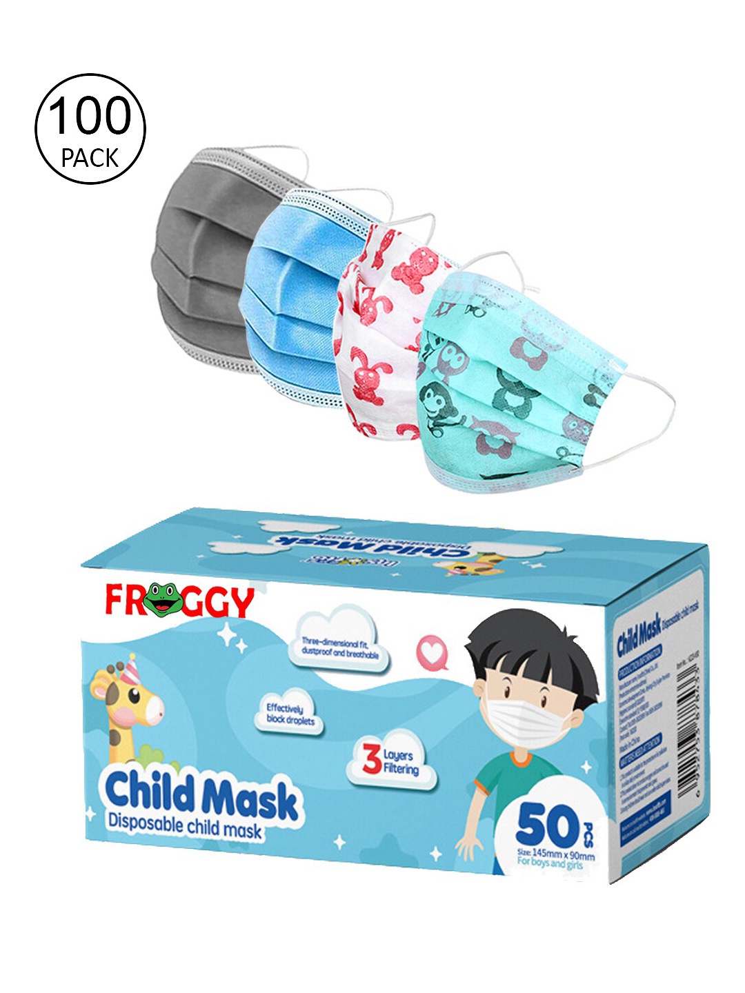 

FROGGY Unisex Kids Pack Of 100 Assorted 3ply Anti-Pollution Mask