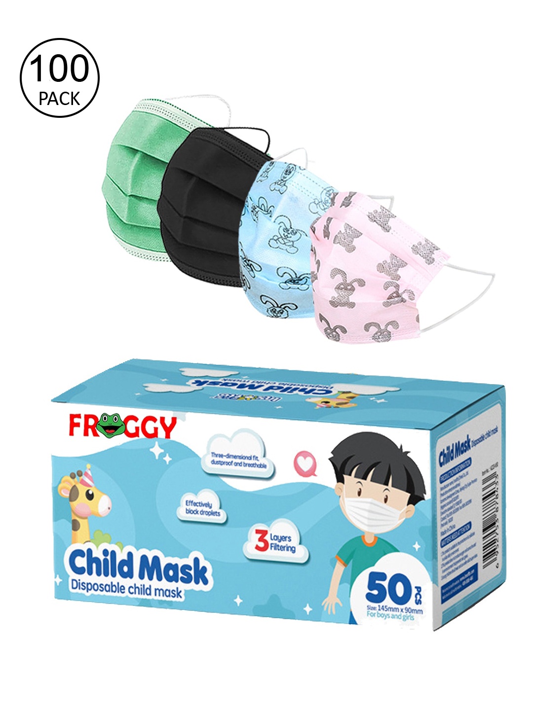 

FROGGY Kids Pack Of 100 3ply Anti-Pollution Mask With Nose-Pin, Assorted