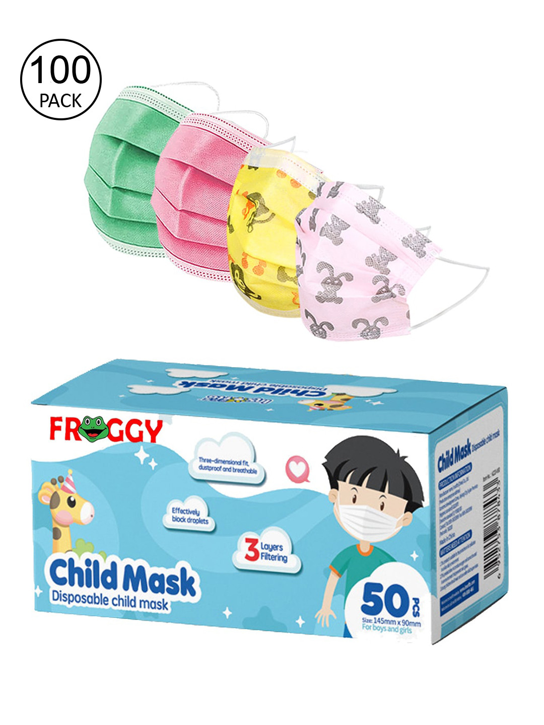 

FROGGY Kids Set Of 100 Anti-Pollution Disposable Masks, Green