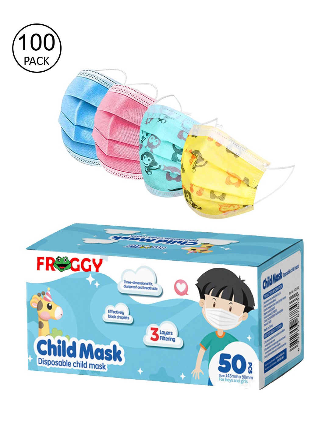 

FROGGY Kids Set of 100 Assorted 3-Ply Disposable Anti-Pollution Masks With Nose-Pin