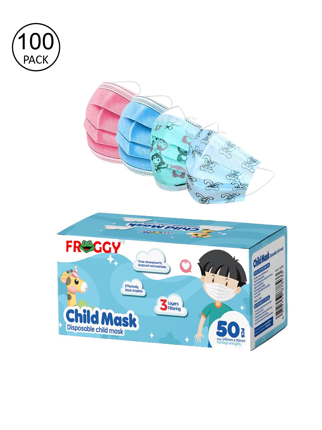 

FROGGY Kids Pack Of 100 3Ply Anti-Pollution Outdoor Face Mask, Pink