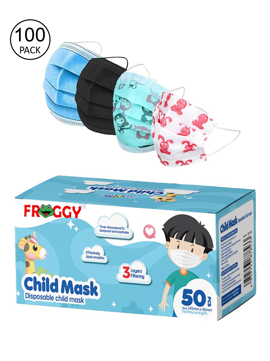 

FROGGY Kids Pack Of 100 Assorted 3-Ply Anti-Pollution Mask