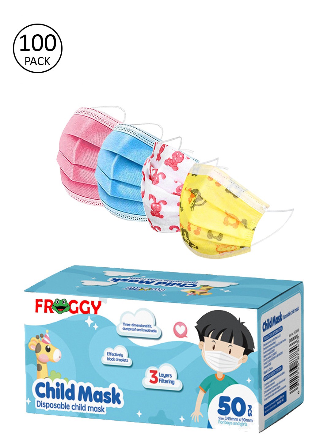 

FROGGY Pack Of 100 Assorted 3 Ply Anti-Pollution Mask With Nose-Pin