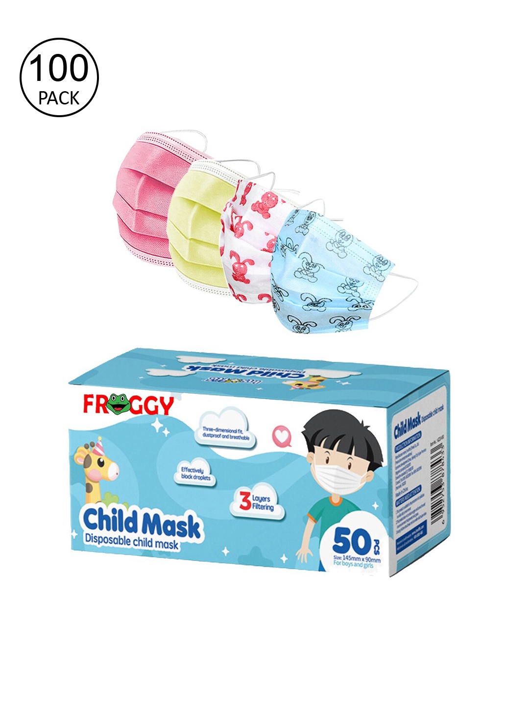

FROGGY Unisex Kids Pack Of 100 Assorted 3ply Anti-Pollution Mask