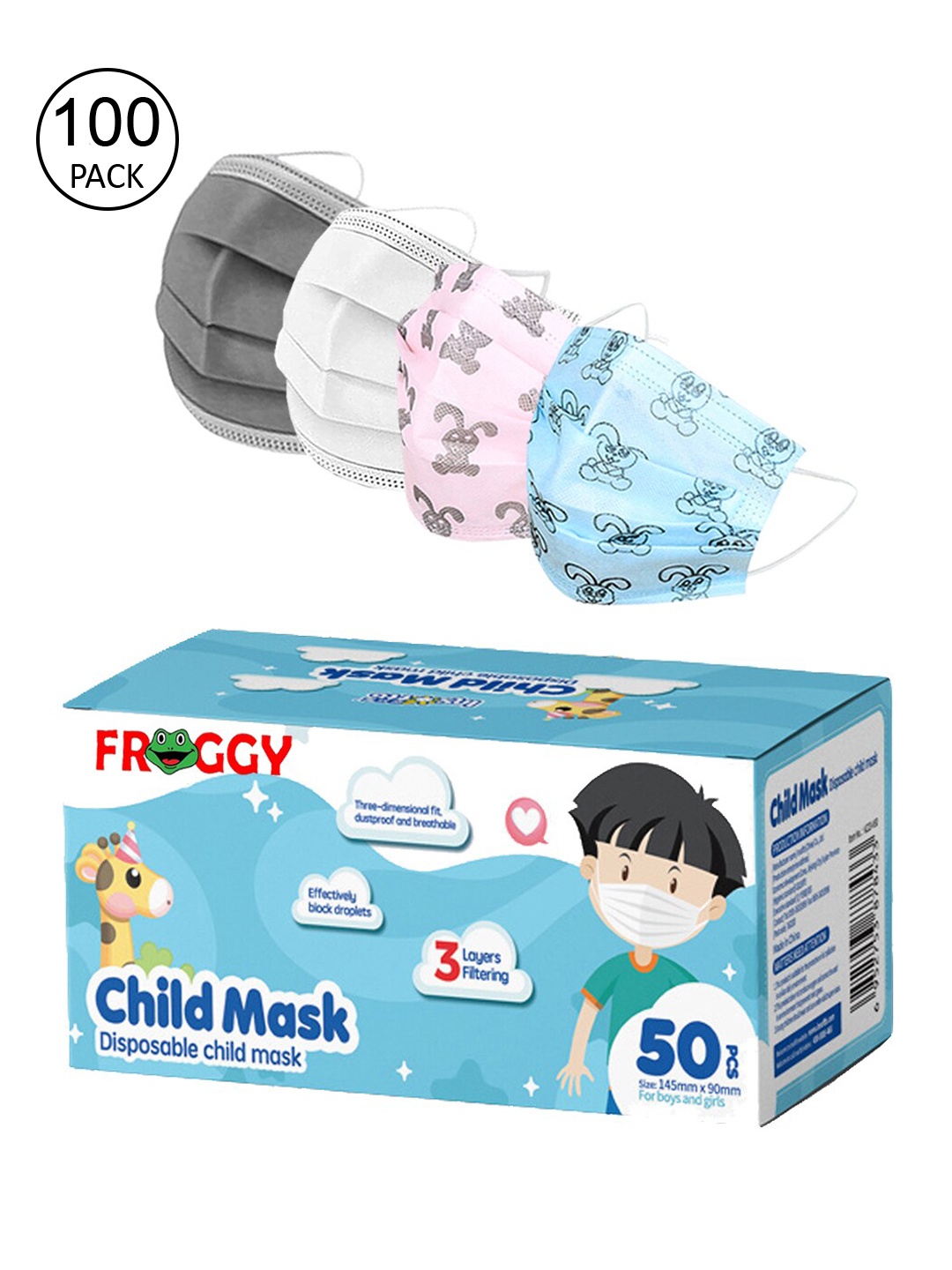 FROGGY Kids Pack Of 100 Assorted 3-ply Anti-Pollution Mask With Nose-Pin