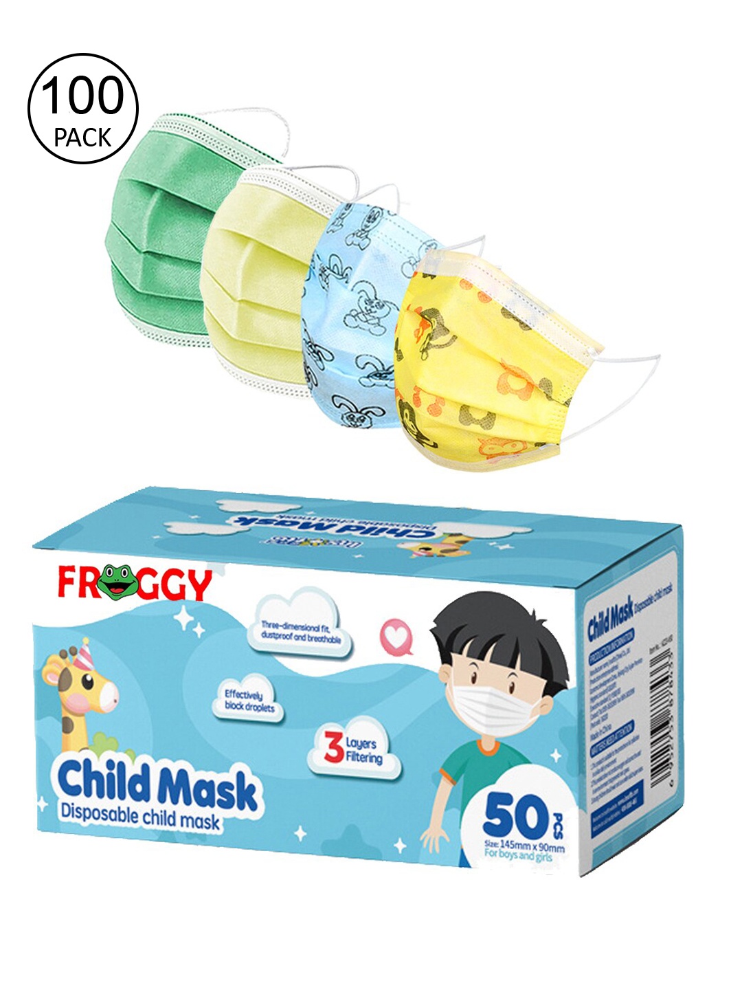 

FROGGY Pack Of 100 Assorted 3 Ply Anti-Pollution Mask With Nose-Pin