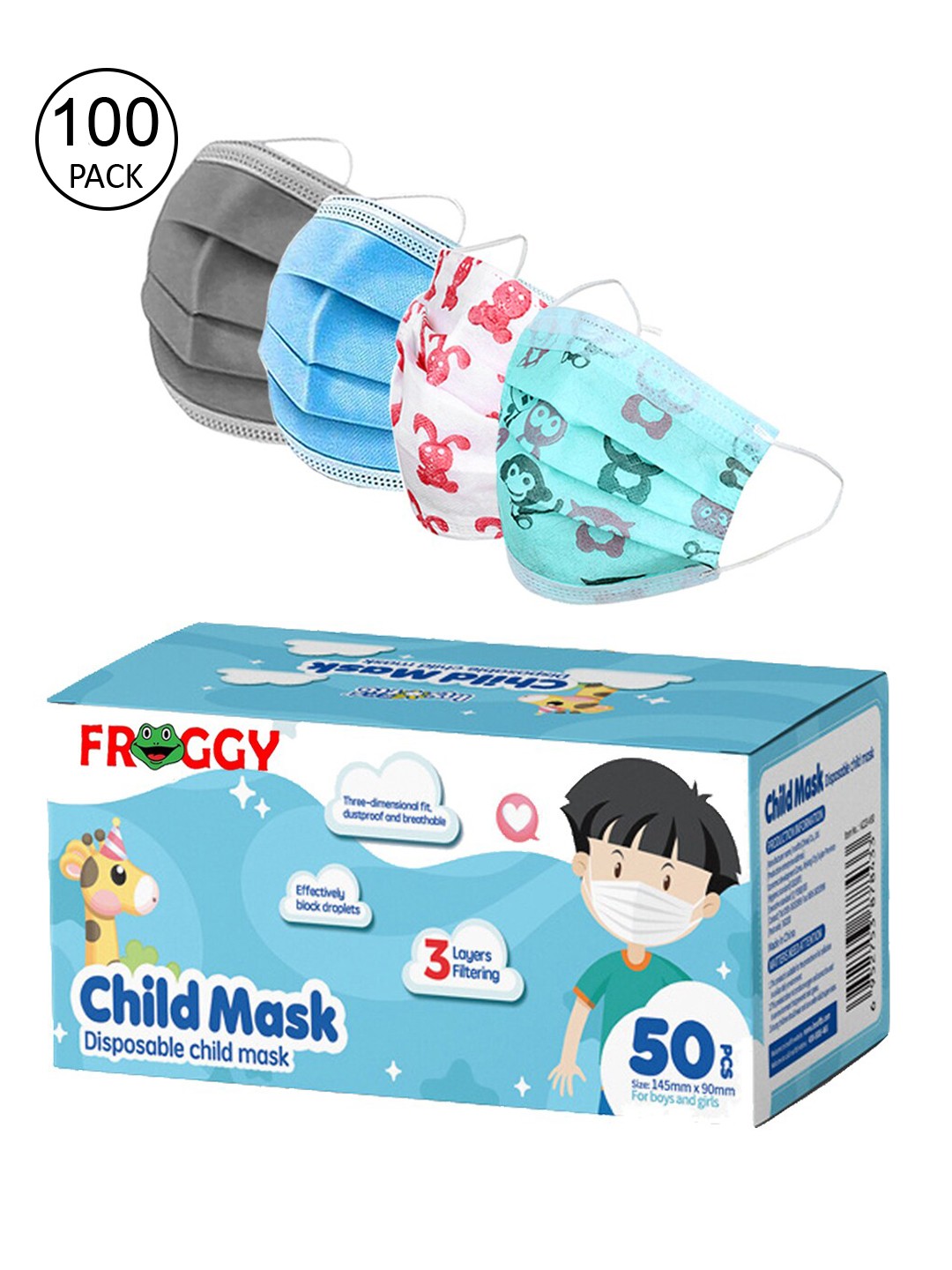 

FROGGY Unisex Kids Pack Of 100 Assorted 3ply Anti-Pollution Mask