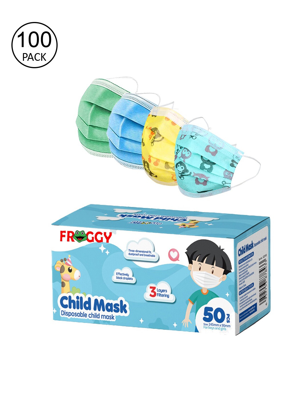 

FROGGY Unisex Pack Of 100 Assorted 3ply Anti-Pollution Mask With Nose-Pin, Multi