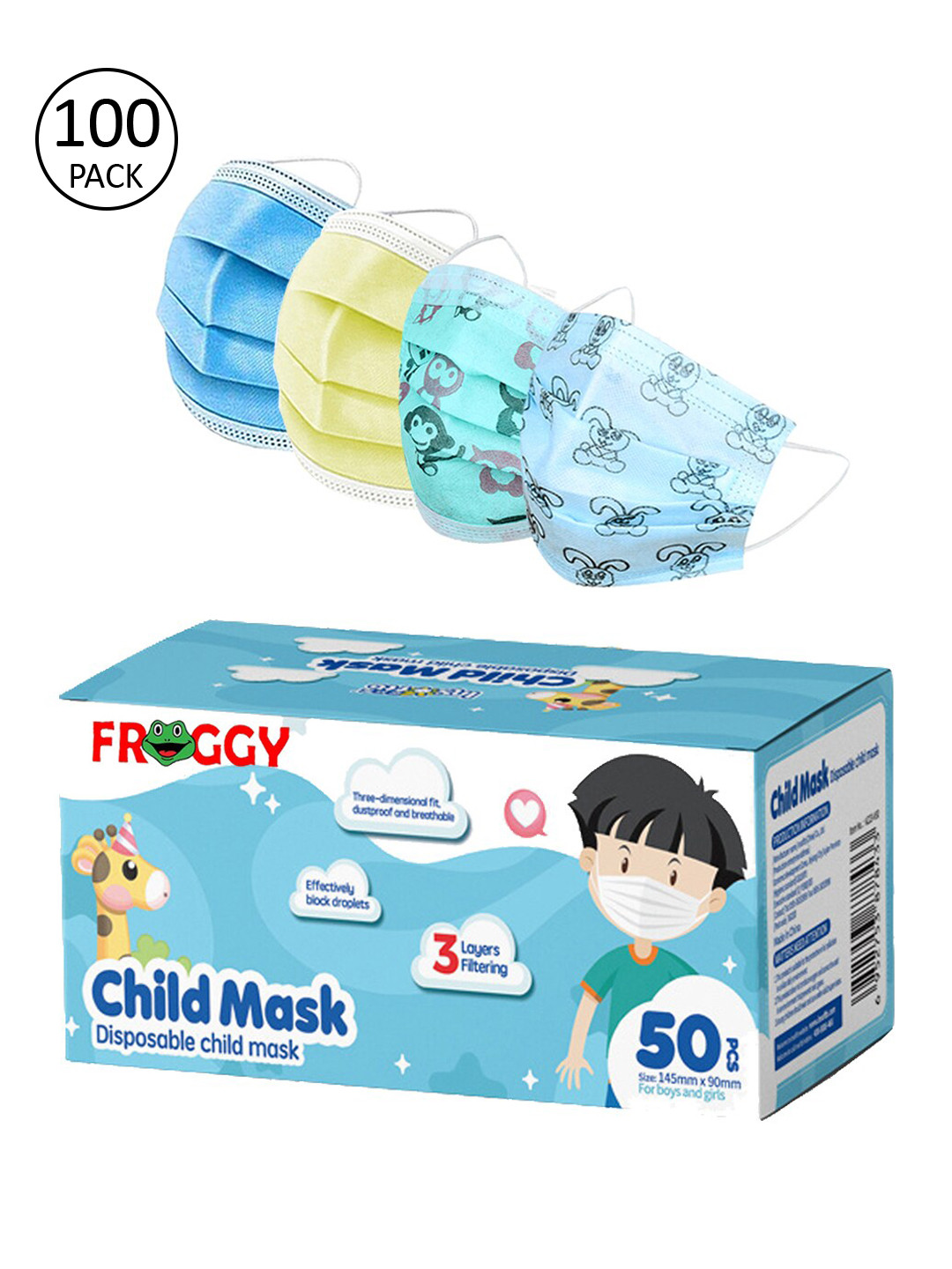 

FROGGY Kids Pack Of 100 3ply Anti-Pollution Mask With Nose-Pin, Assorted