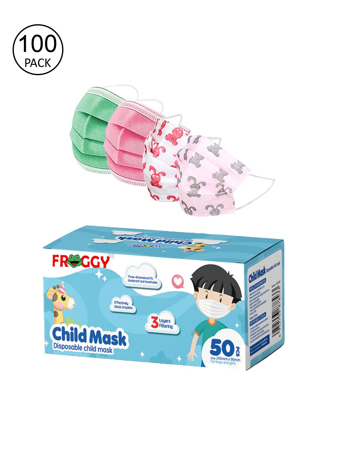 

FROGGY Kids Set Of 100 Anti-Pollution Disposable Masks, Green