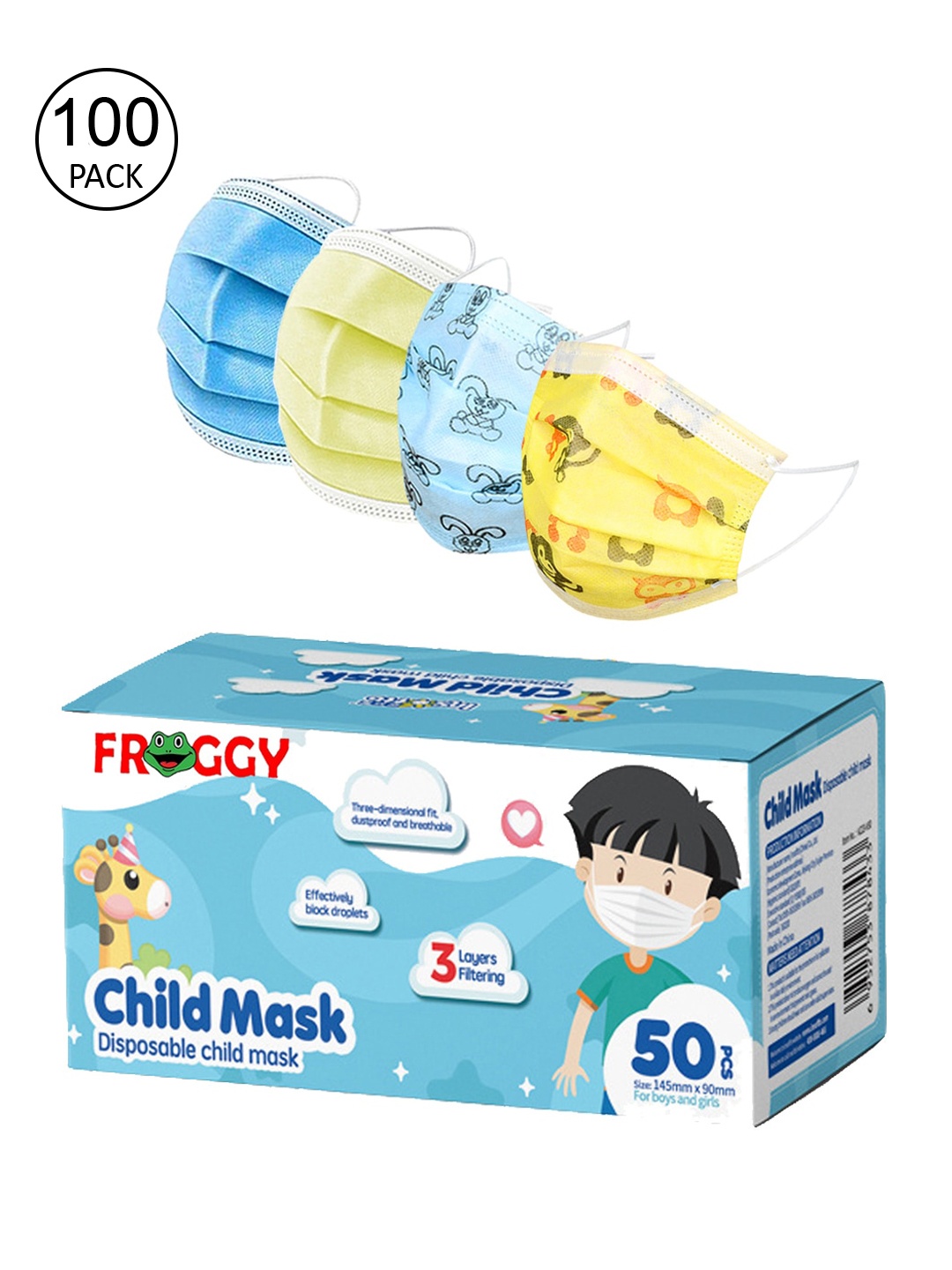 

FROGGY Kids Pack Of 100 Assorted 3ply Anti-Pollution Mask With Nose-Pin, Blue