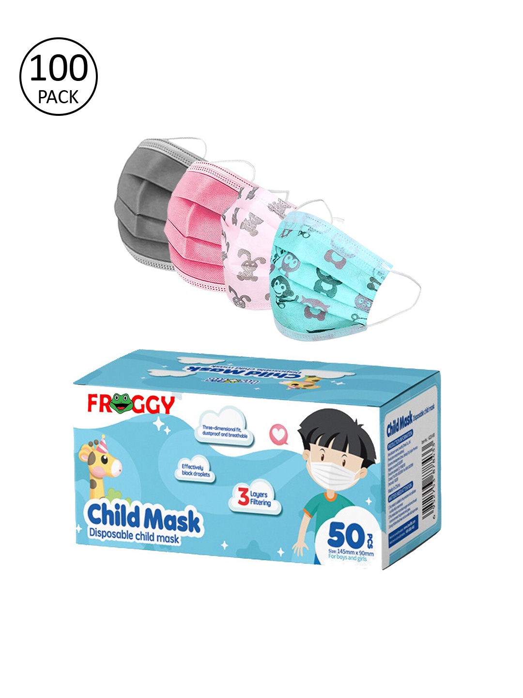 FROGGY Kids Pack Of 100 3Ply Anti-Pollution Outdoor Face Mask, Grey