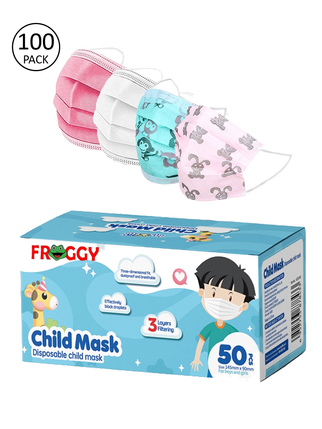 FROGGY Kids Pack Of 100 Assorted 3-Ply Anti-Pollution Mask
