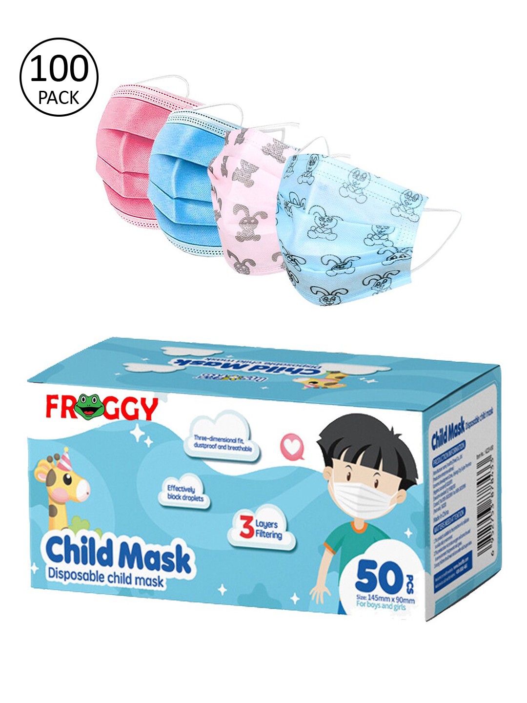 

FROGGY Unisex Kids Pack Of 100 Assorted 3ply Anti-Pollution Mask