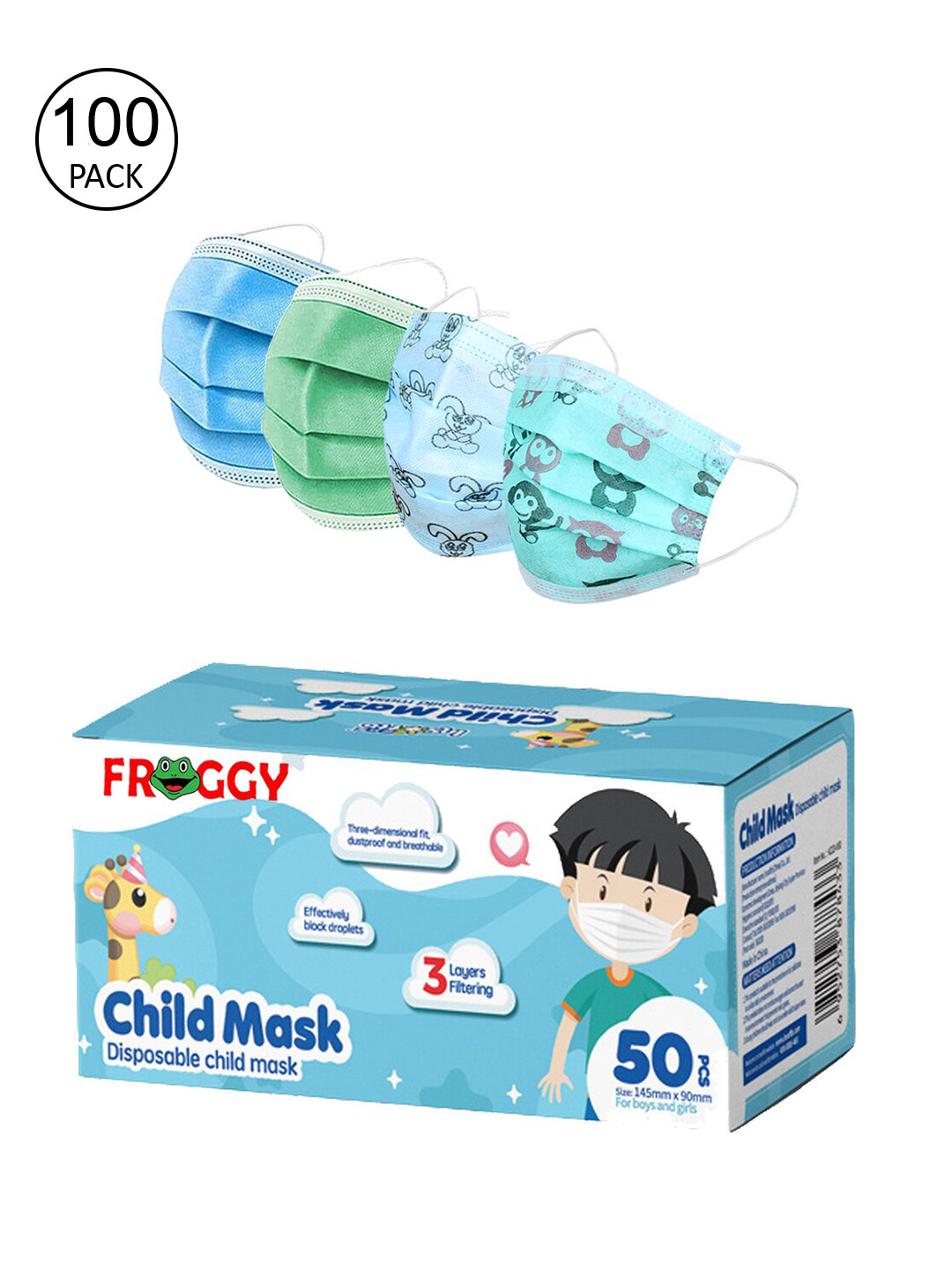 

FROGGY Unisex Pack Of 100 Assorted 3ply Anti-Pollution Mask With Nose-Pin, Blue