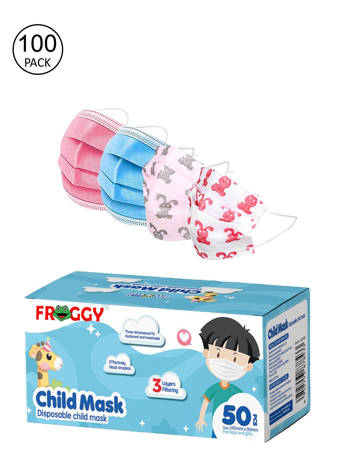

FROGGY Kids Pack Of 100 3ply Anti-Pollution Mask With Nose-Pin, Assorted