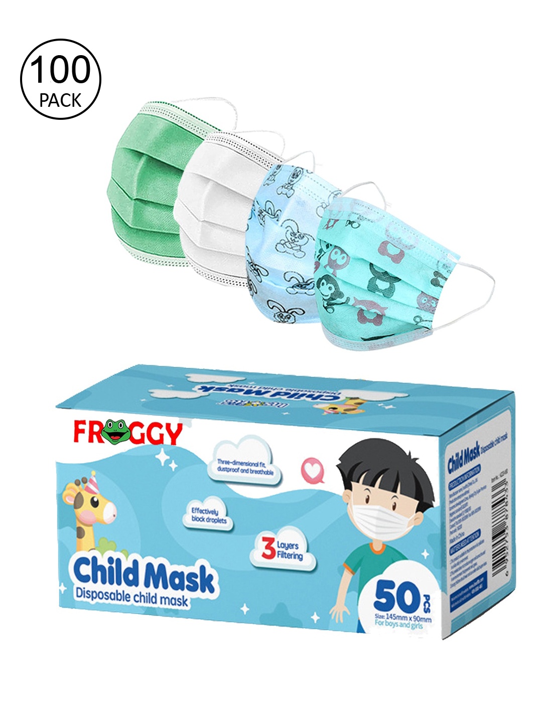 FROGGY Kids Pack Of 100 3Ply Anti-Pollution Outdoor Face Mask, Green