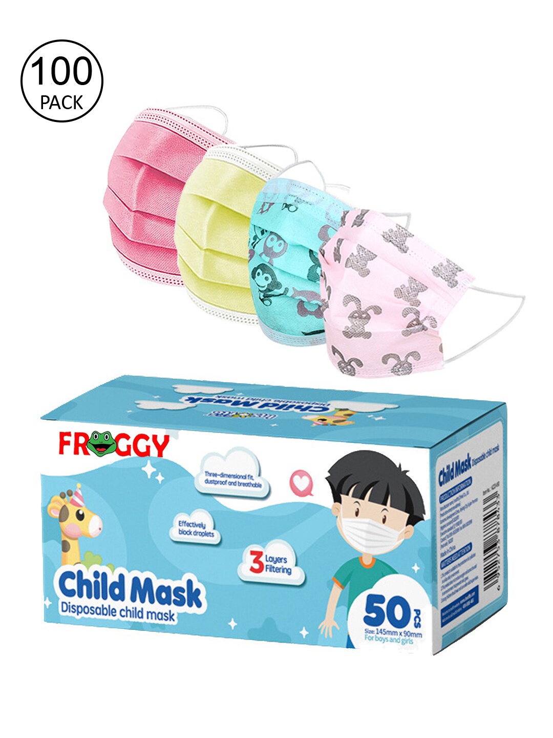 FROGGY Kids Pack Of 100 Assorted 3-Ply Anti-Pollution Mask