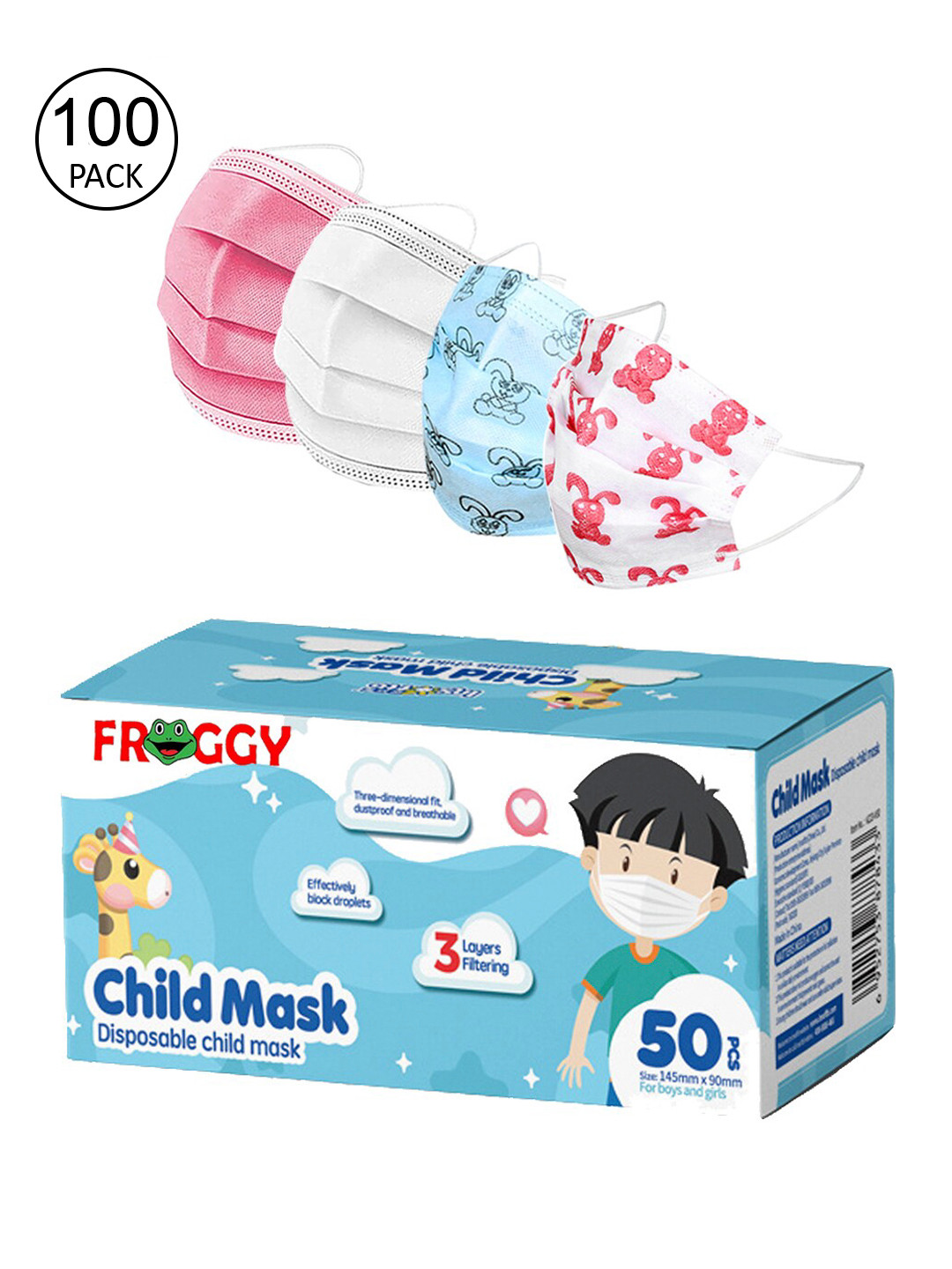 

FROGGY Kids Pack Of 100 3ply Anti-Pollution Mask With Nose-Pin, Assorted