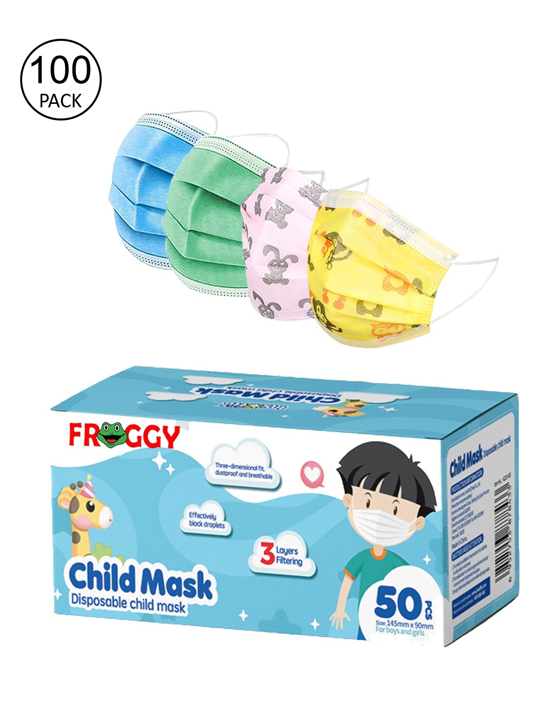 

FROGGY Kids Set Of 100 Anti-Pollution Disposable Masks, Blue