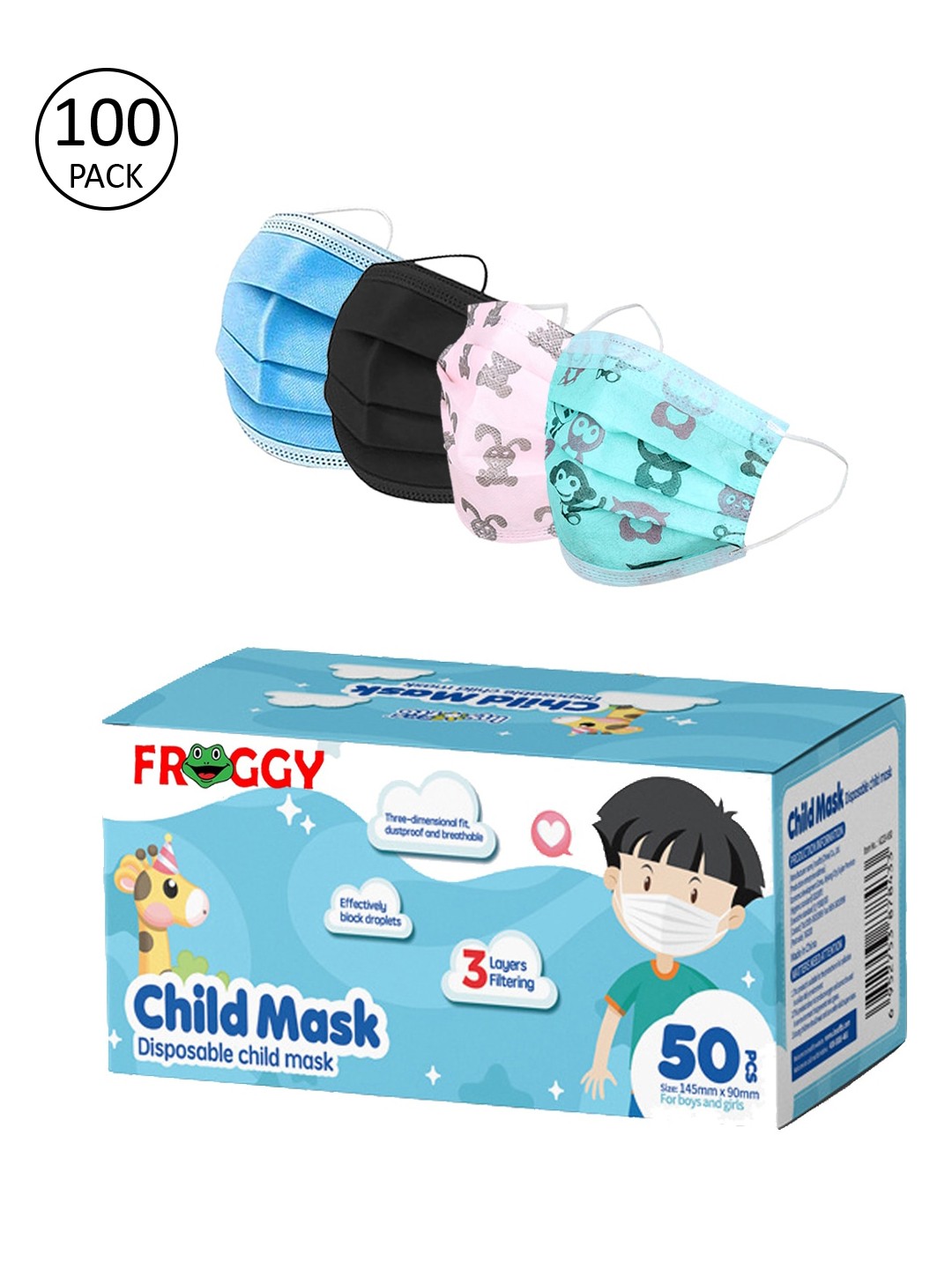 

FROGGY Pack Of 100 Assorted 3-Ply Anti-Pollution Mask