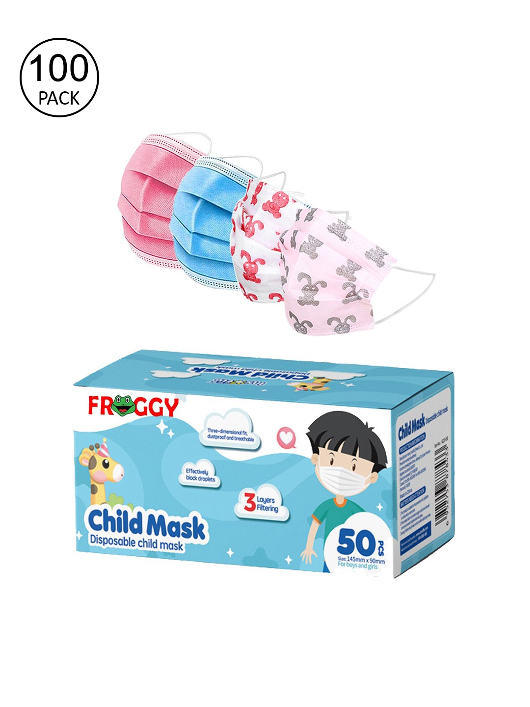 

FROGGY Kids Pack Of 100 3Ply Anti-Pollution Outdoor Face Mask, Pink