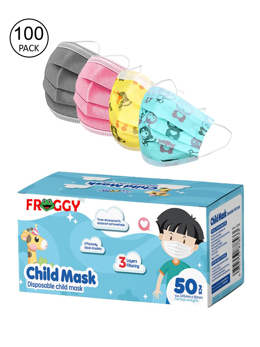 

FROGGY Pack Of 100 Assorted 3 Ply Anti-Pollution Mask With Nose-Pin