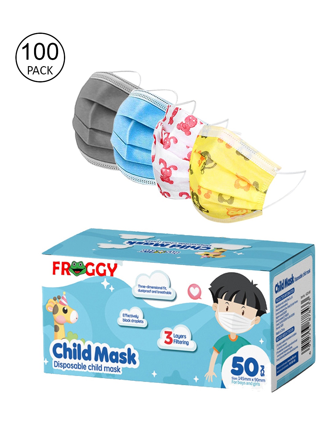

FROGGY Unisex Kids Pack Of 100 Assorted 3ply Anti-Pollution Mask