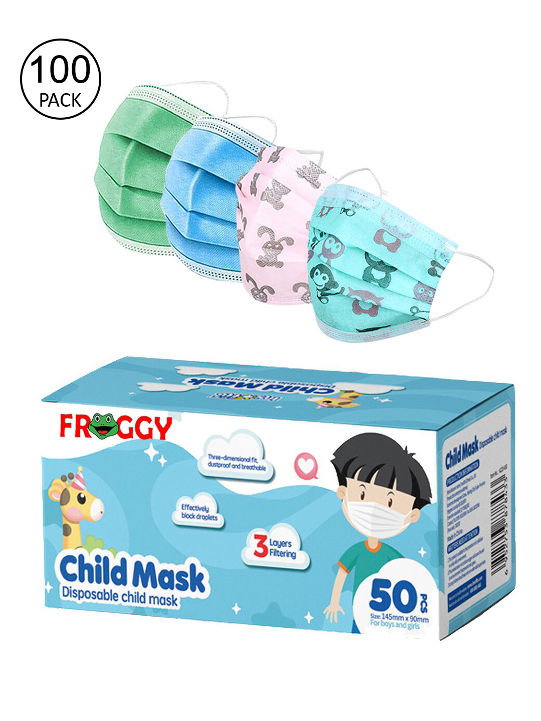 

FROGGY Unisex Pack Of 100 Assorted 3ply Anti-Pollution Mask With Nose-Pin, Multi