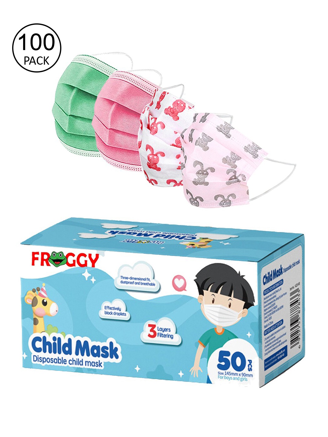 

FROGGY Kids Pack Of 100 3ply Anti-Pollution Mask With Nose-Pin, Assorted