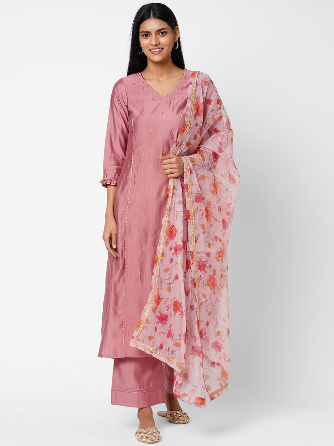 

KAMI KUBI Women Pink Regular Kurta with Palazzos & With Dupatta