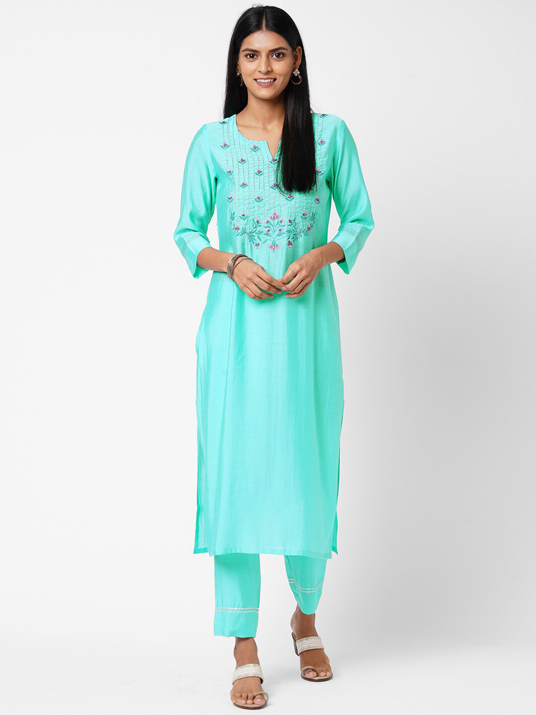 

KAMI KUBI Women Turquoise Blue Ethnic Motifs Embroidered Regular Thread Work Kurta with Trousers