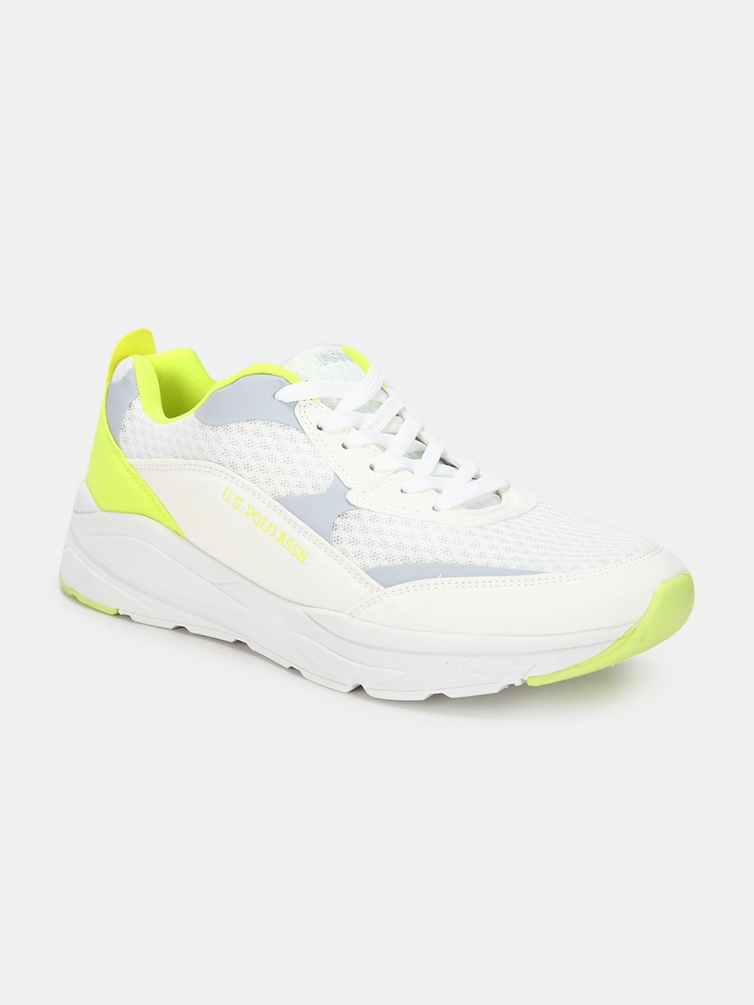 

U S Polo Assn Men White & Fluorescent Green Colourblocked PU Sneakers