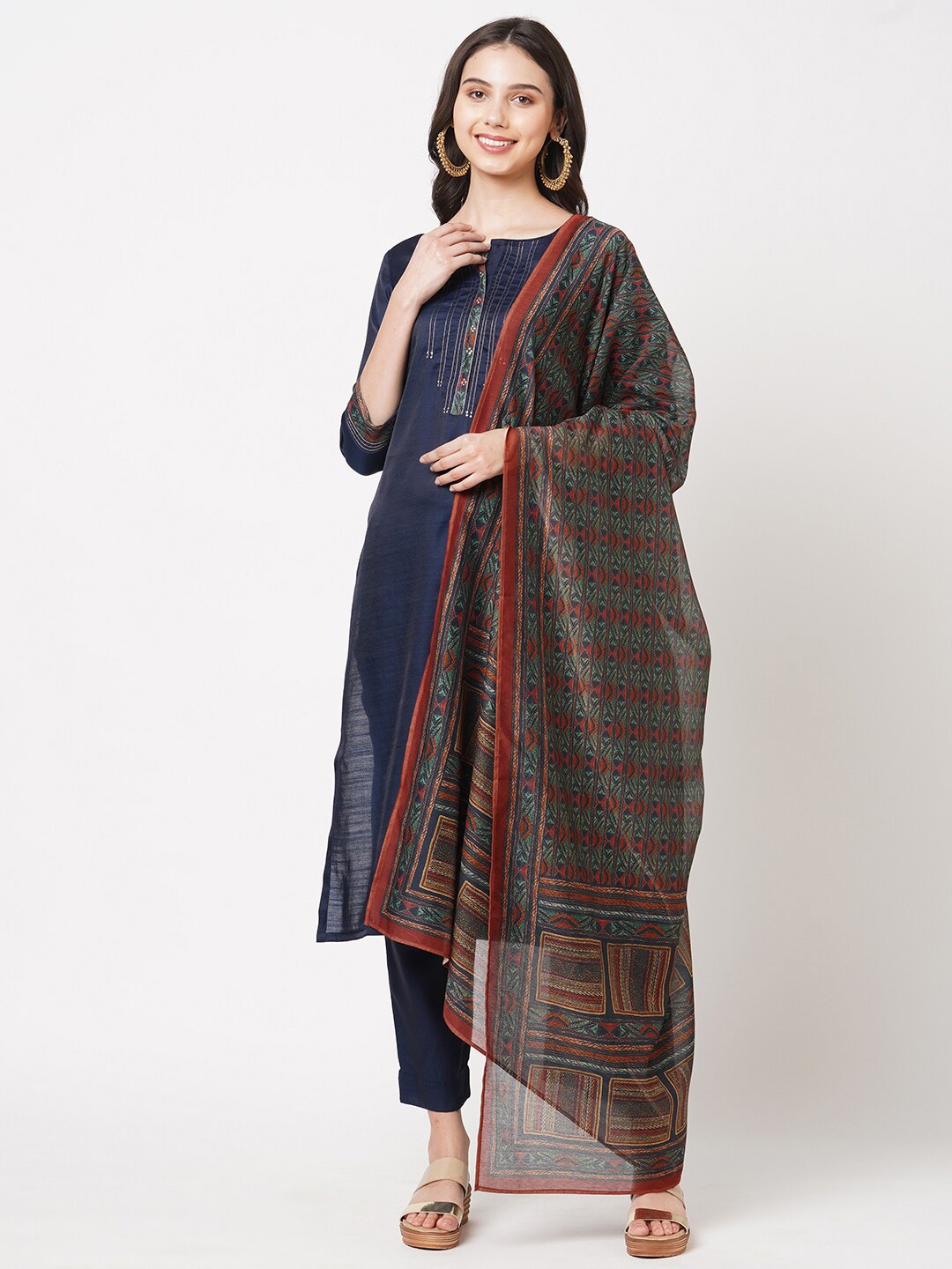 

KAMI KUBI Navy Blue & Brown Embroidered Art Silk Unstitched Dress Material
