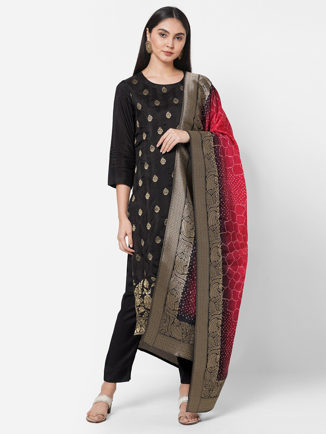 

KAMI KUBI Black & Red Pure Silk Unstitched Dress Material