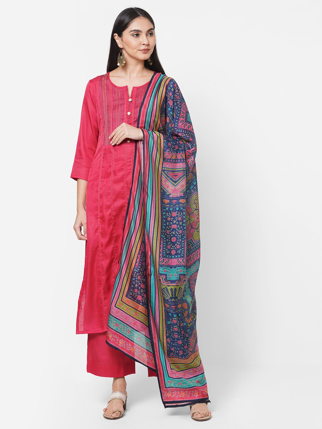 

KAMI KUBI Pink & Blue Embroidered Art Silk Unstitched Dress Material