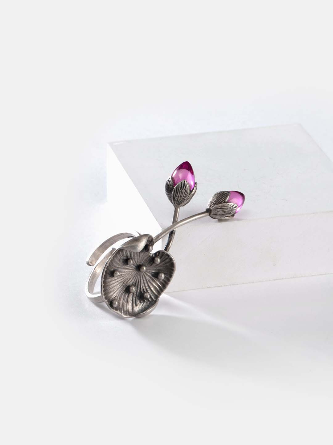 

SHAYA 925 Silver & Pink Sapphire Studded Lotus Finger Ring