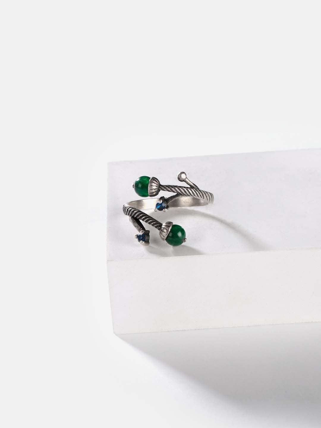

SHAYA Oxidised Silver-Toned Blue & Green Finger Ring