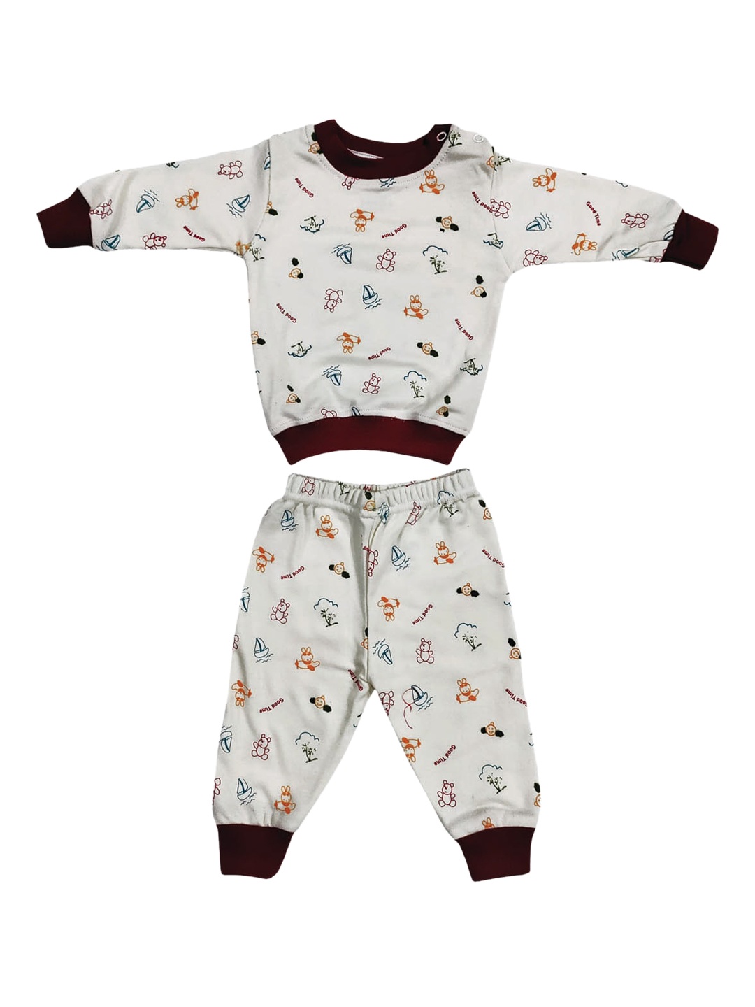 

Zoom Minimondo Unisex Infant Kids Off White & Maroon Pure Cotton Printed Night suit