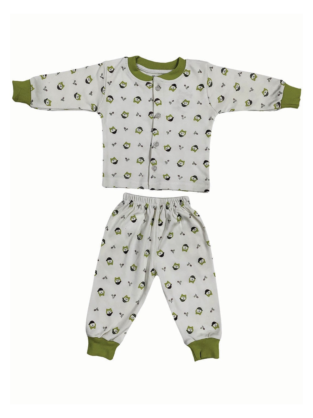 

Zoom Minimondo Kids White & Green Printed Pure Cotton 2 Pc Night Suit